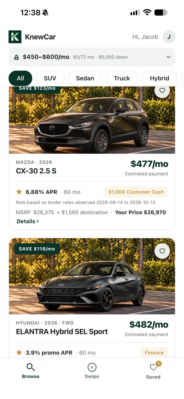 KnewCar Browse screen listing new cars that fit a monthly payment