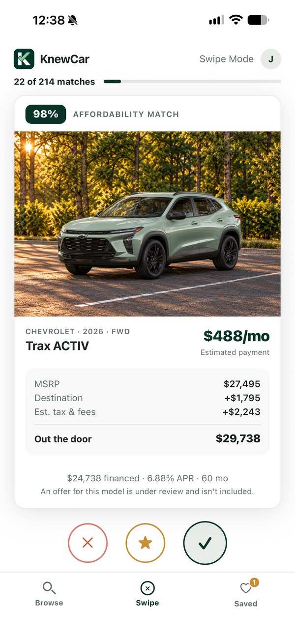 KnewCar Swipe screen showing a vehicle with its estimated monthly payment